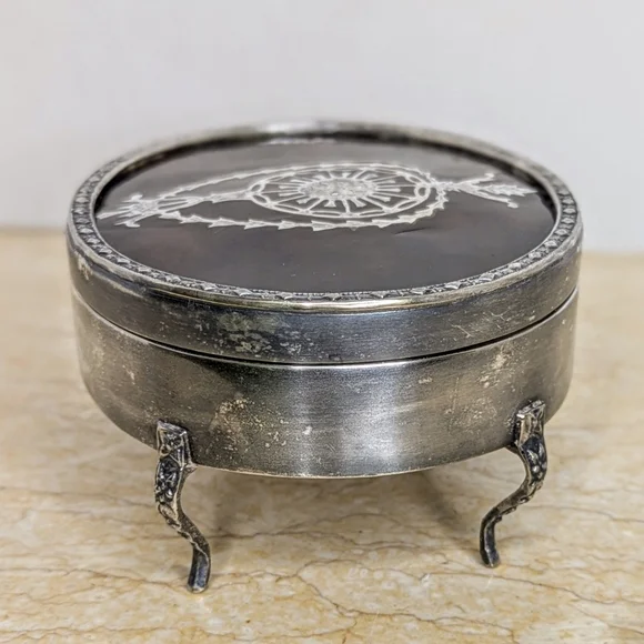 Vintage Tortoise Shell Pattern Silver Tone Metal Oval Jewelry Lidded Box - Picture 5 of 15